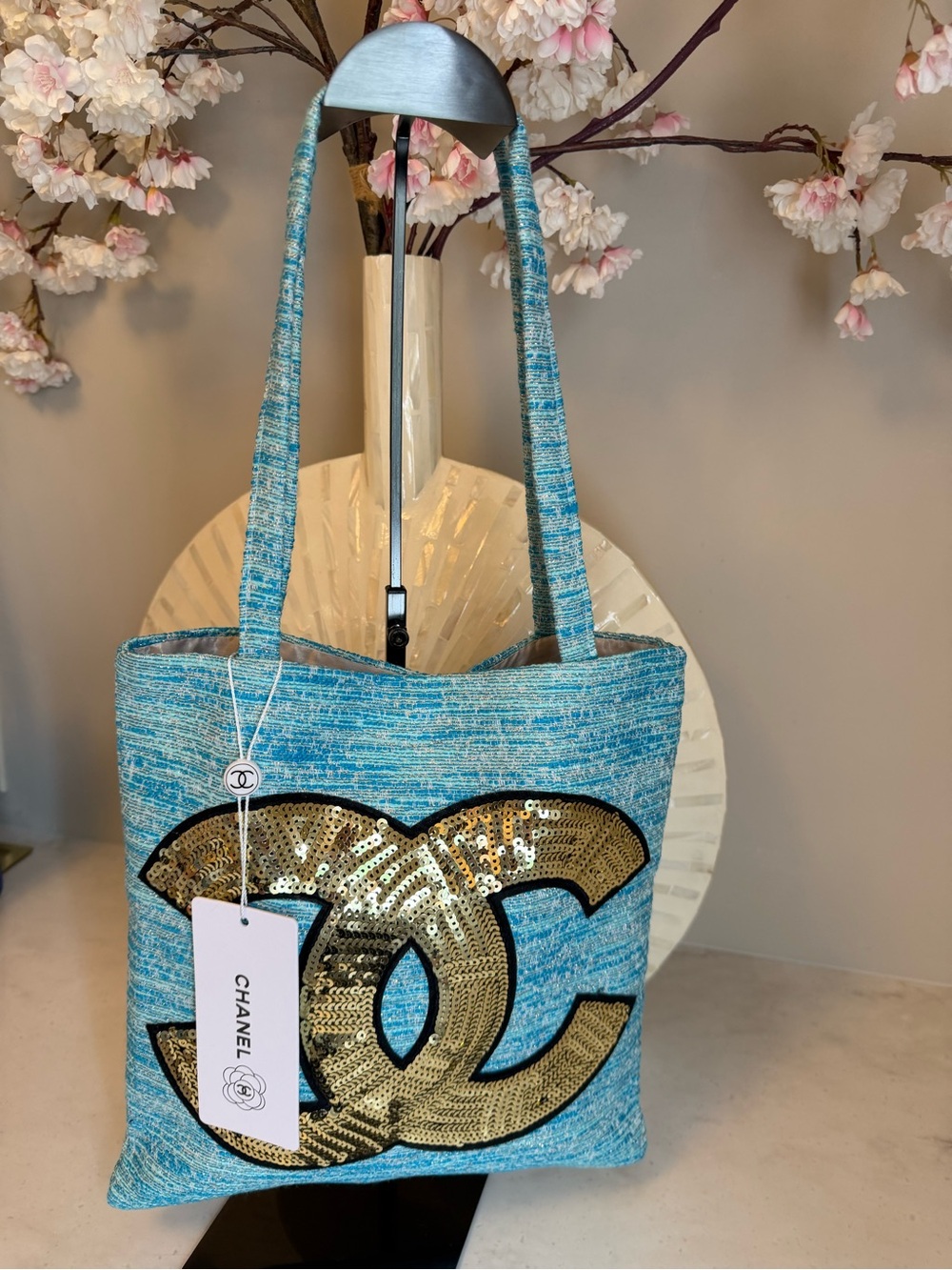 CC Blue Tote with Gold Sequin Chanel Logo